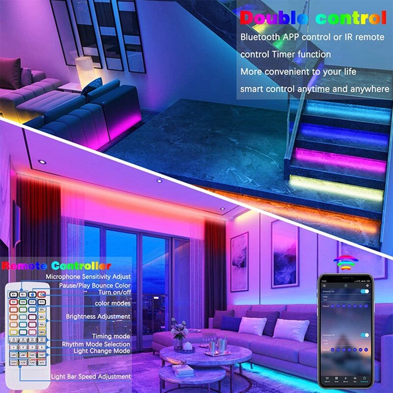 15M RGB LED Light LEDs Music Sync Color Changing SMD 5050 RGB Light Strips with APP/Silicone Key Controls US PLUG