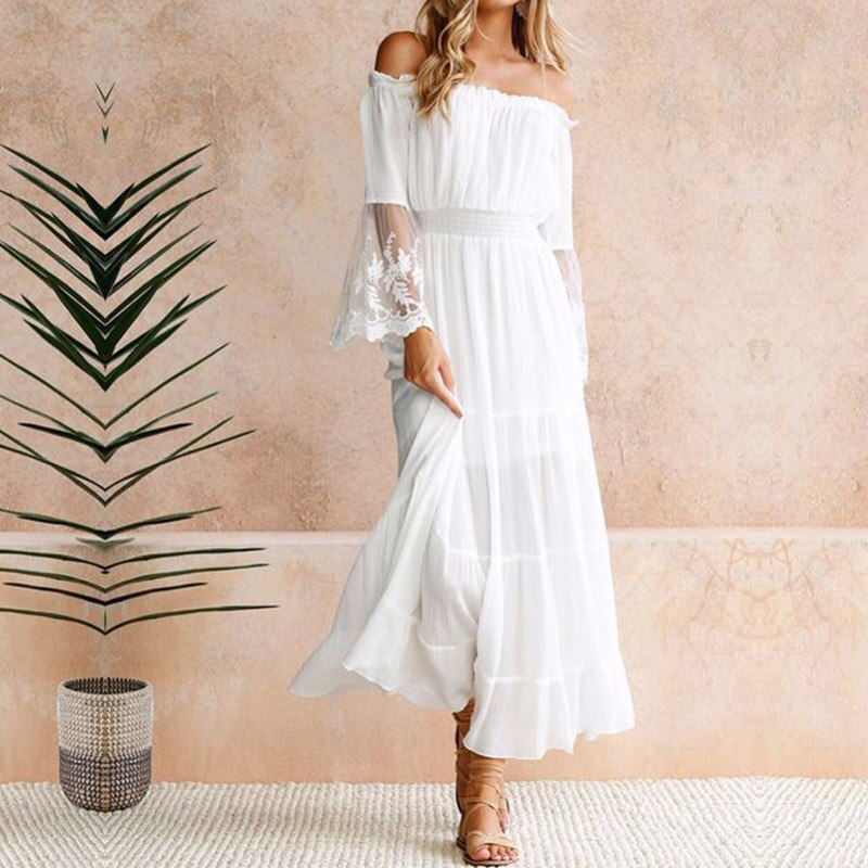 Moonbiffy Zomer Zonnejurk Lange Vrouwen Witte Strand Jurk Strapless Lange Mouwen Losse Sexy Off Shoulder Lace Boho Katoen Maxi Jurk