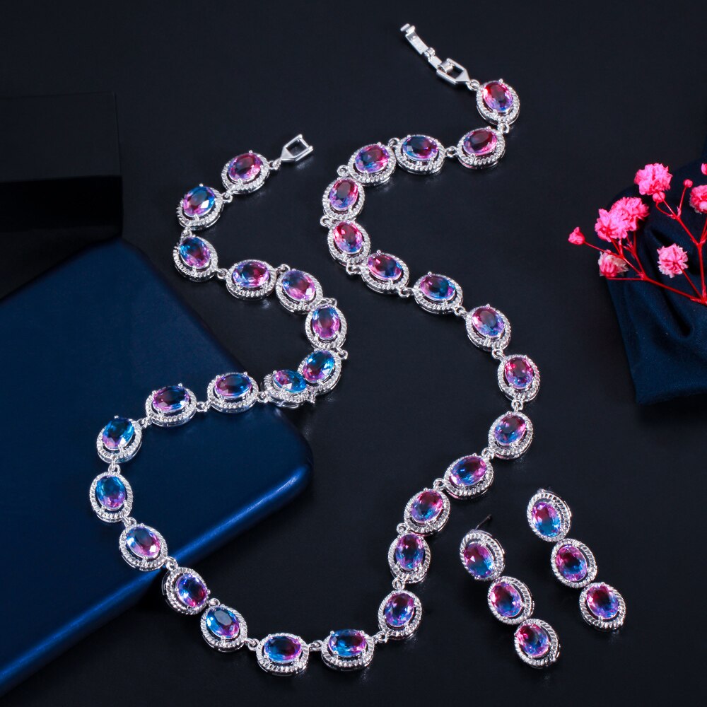CWWZircons SchöNe Regenbogen CZ Mystischen Stein Runde Tropfen Frauen Partei Halskette Ohrringe Braut Hochzeit Schmuck setzt T520