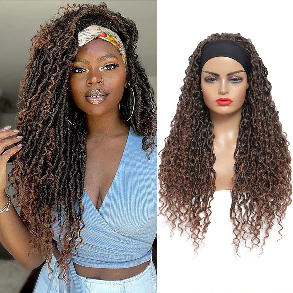 Ombre Brown Headband Synthetic Braided Wigs For Black Women 24 Inch Natural Glueless Hair Wig SOKU Faux Locs Crochet Curly Hair: MT1B-30