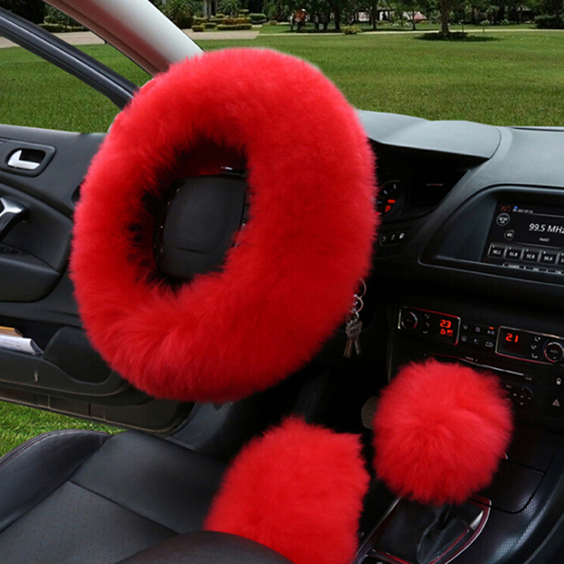 Bil lang plys varm rattæppe uld håndbremse universal 3 stk / sæt kunstig pels auto interiør ratdæksler: Rød