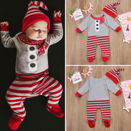 Herfst 2 stks Baby Jongen Meisje Kerst Santa Streep Lange Mouwen Footies Jumpsuit En Hoed Casual Outfit Kleding set