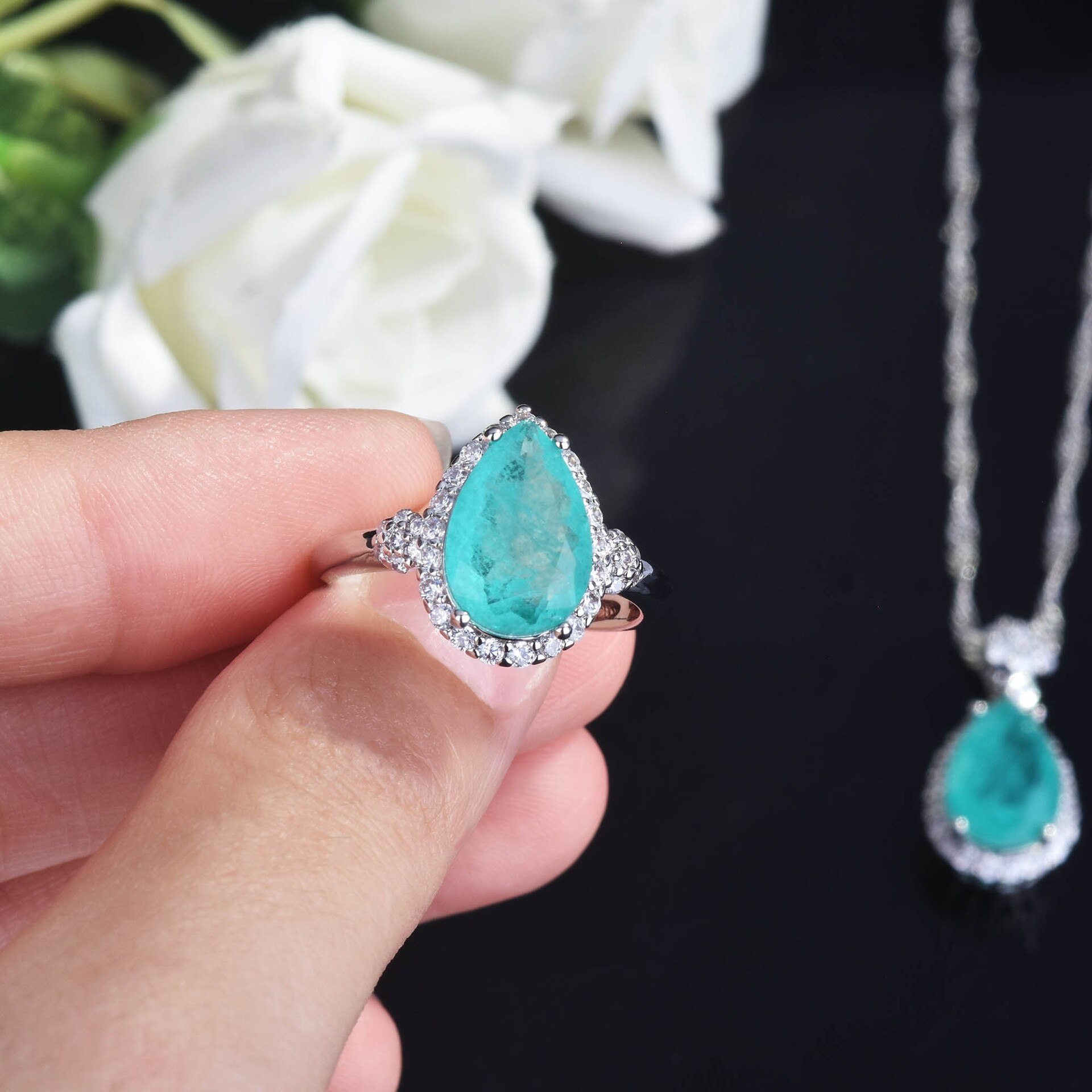 Ruzzallati Prachtige Water Stone Lake Paraiba Toermalijn Sieraden Set Zilver Kleur Ring Oorbel Ketting Voor Vrouwen