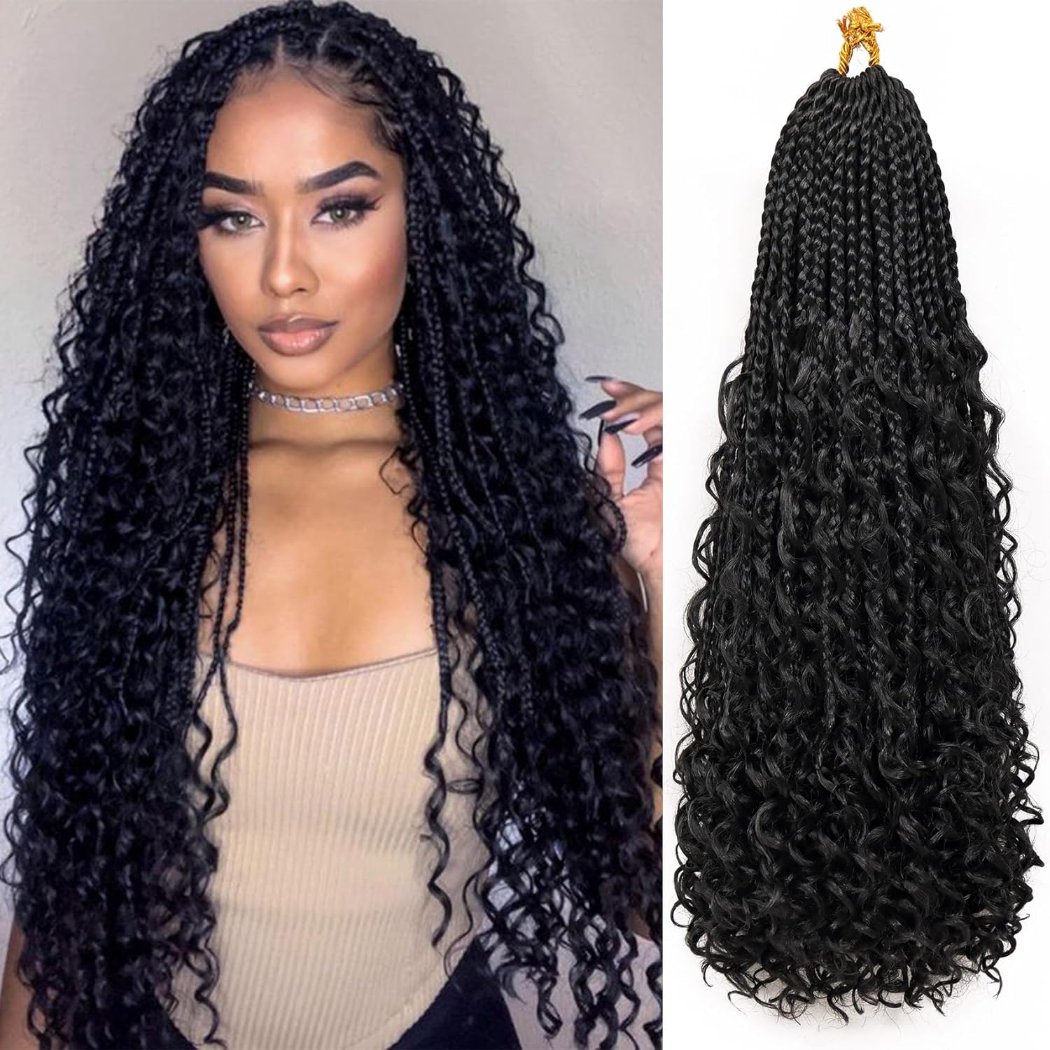 Trenzas sintéticas de la caja de la diosa, pelo de ganchillo con extremos rizados, extensiones de cabello trenzado bohemio preenrolladas en caja de ganchillo para mujeres: #1B / 14 pulgadas
