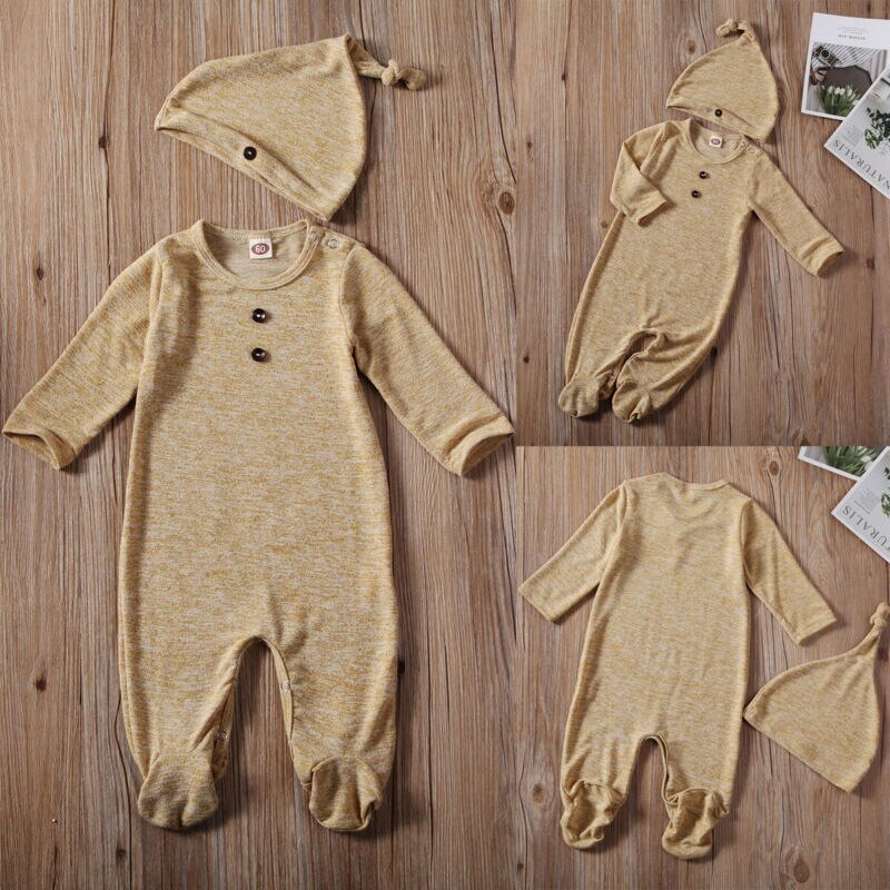 2PCS Neugeborenen Baby Junge Mädchen Baumwolle Langarm Einfarbig Strampler Overall Hut Outfit Kleidung