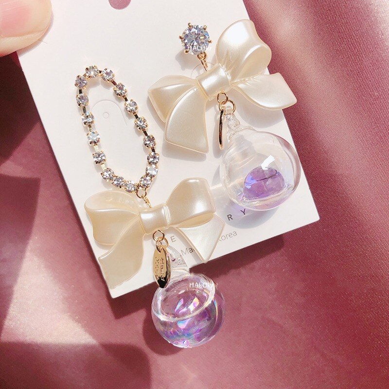 MENGJIQIAO Korean Asymmetric Acrylic Bowknot Earrings For Women Girls Cute Glass Ball Brincos Jewelry