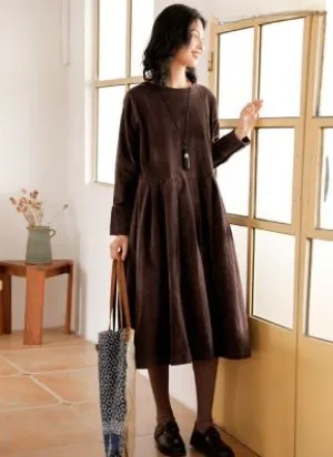 Artistic Corduroy Dress Autumn Women's Long Sleeve Medium-length Dress: XL / Coffee