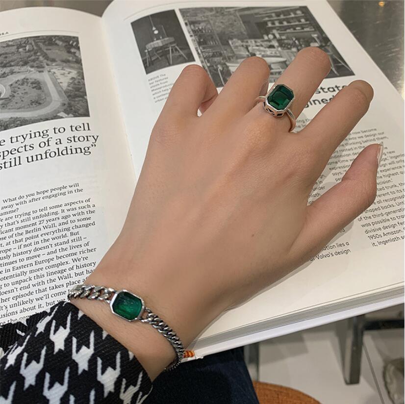 925 Sterling Silver Ins Retro Geometric Green Crystal Bracelet For Women Couple Trendy Birthday Party fine Jewelry