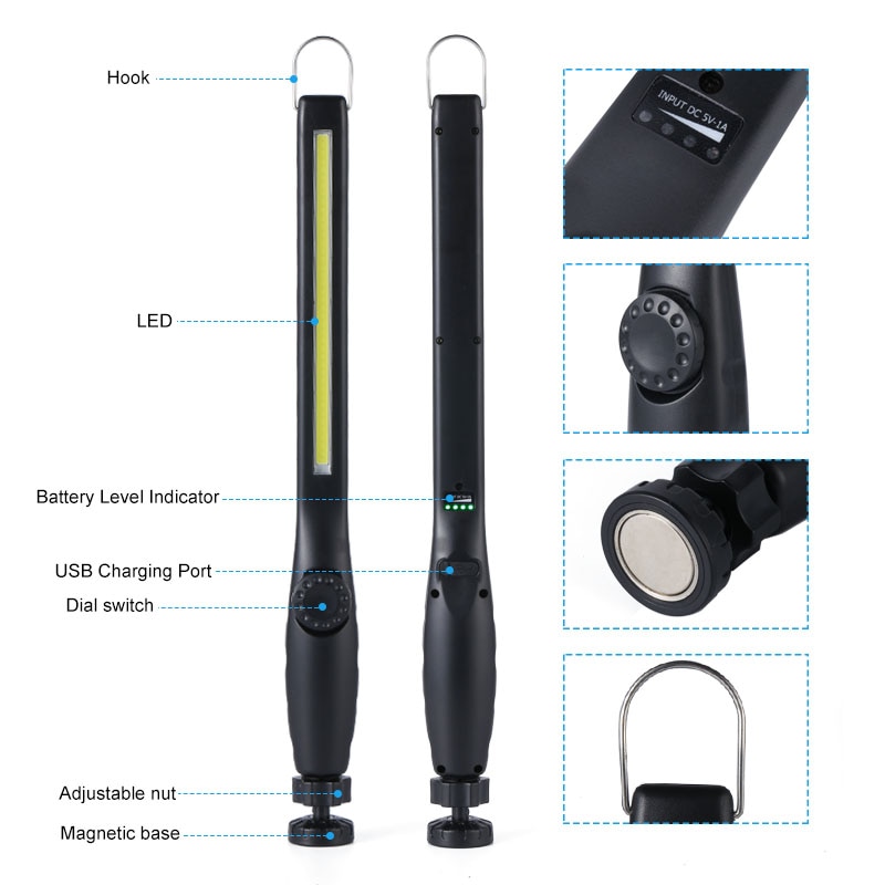 Led arbejdslys usb genopladeligt cob arbejdslys bærbart magnetisk trådløst inspektionslys til bilreparation, hjemmebrug, værksted