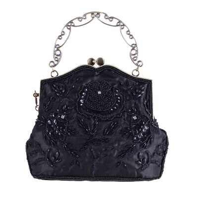 Vintage silk embroidered dinner bag classic cheongsam bag beaded bag hand craft dress matching bag: Black