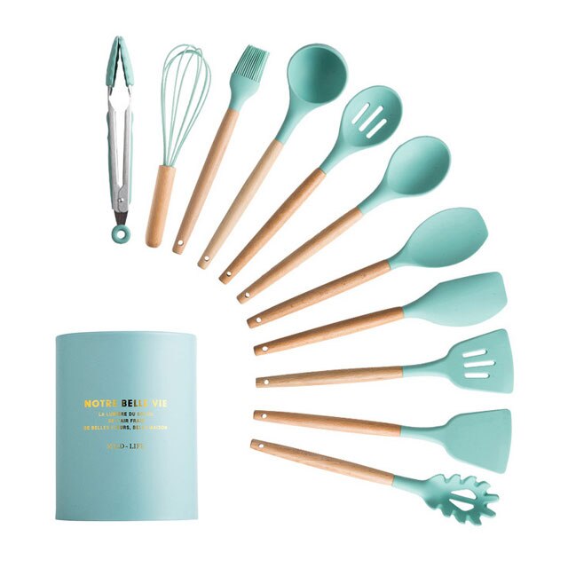 Batterie de cuisine en silicone avec poignée en bois Ensemble de cuisine Ensemble de batterie de cuisine Batterie de cuisine antiadhésive Accessoires de cuisine avec boîte de rangement en acier inoxydable: MINT GREEN-12PCS