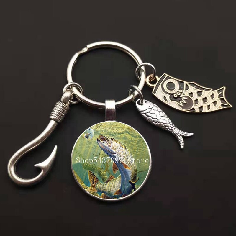 LLavero de maestro de pesca a la , llavero con anzuelo, llavero con cúpula de cristal, llavero de pescador I Love Fishing Fish, llave colgante: Café