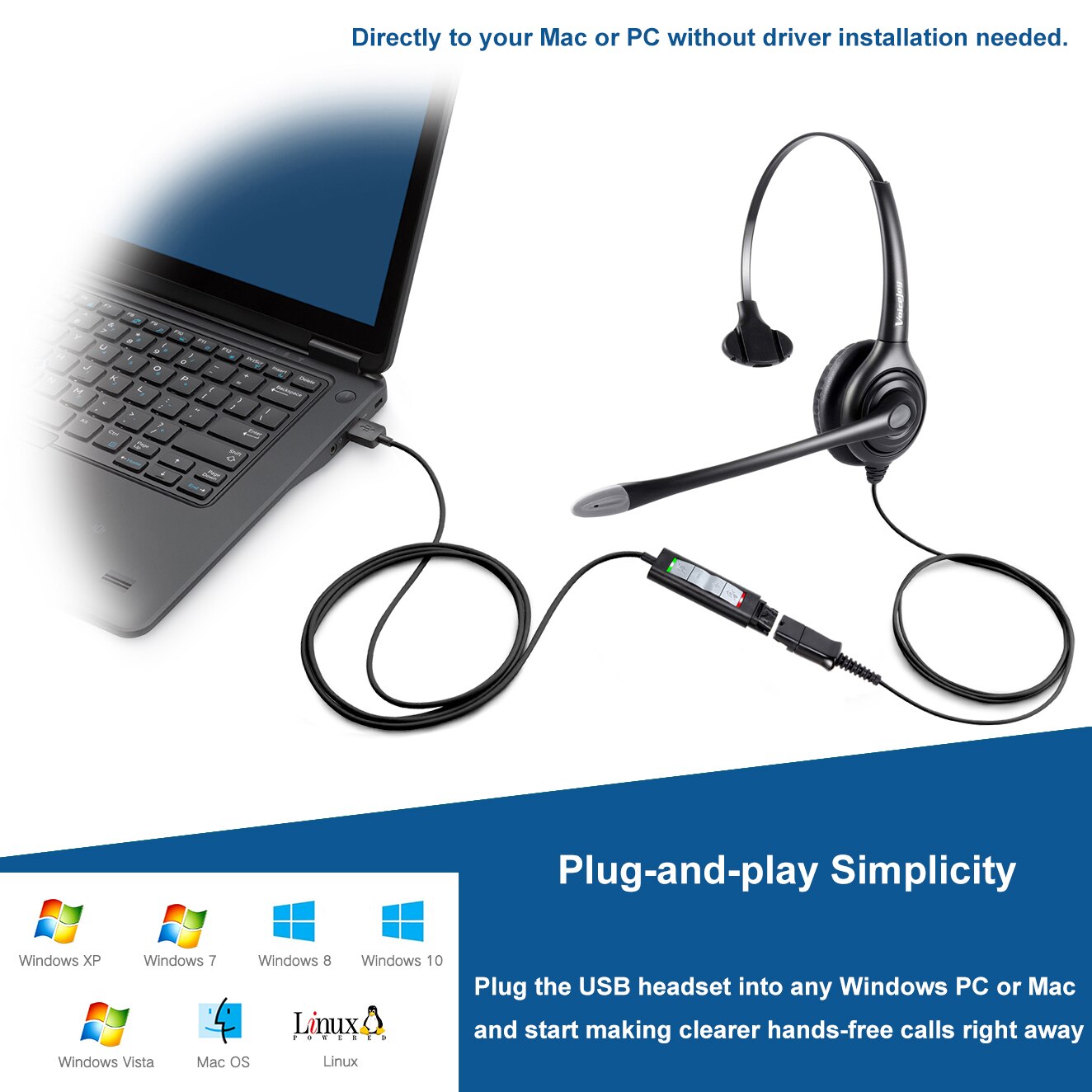 Wtyczka USB przewodowe słuchawki do laptopa, komputera, komputera, zestawu słuchawkowego z redukcją szumów Call Center, kompatybilny z Plantronics QD
