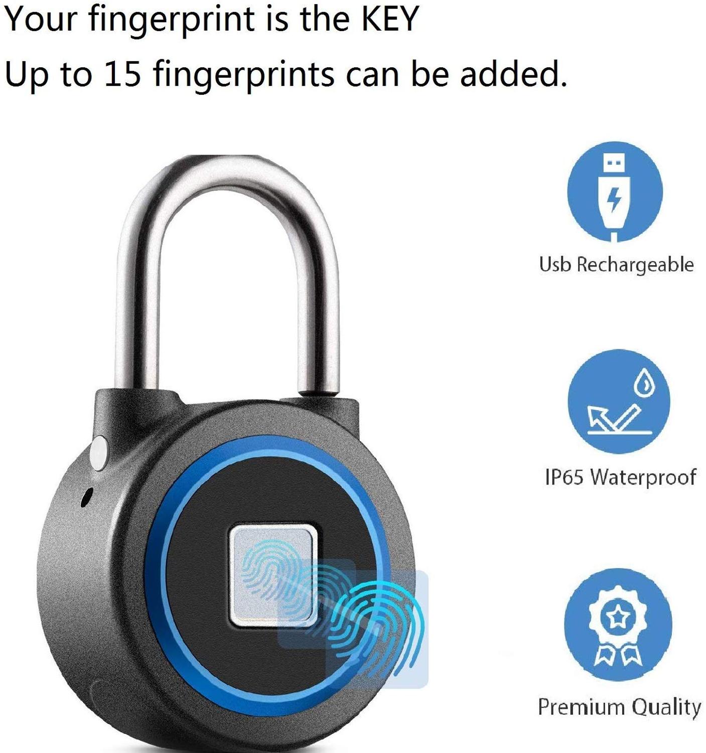 Ip65 vandtæt usb genopladelig bluetooth-lås biometrisk fingeraftrykshængelås