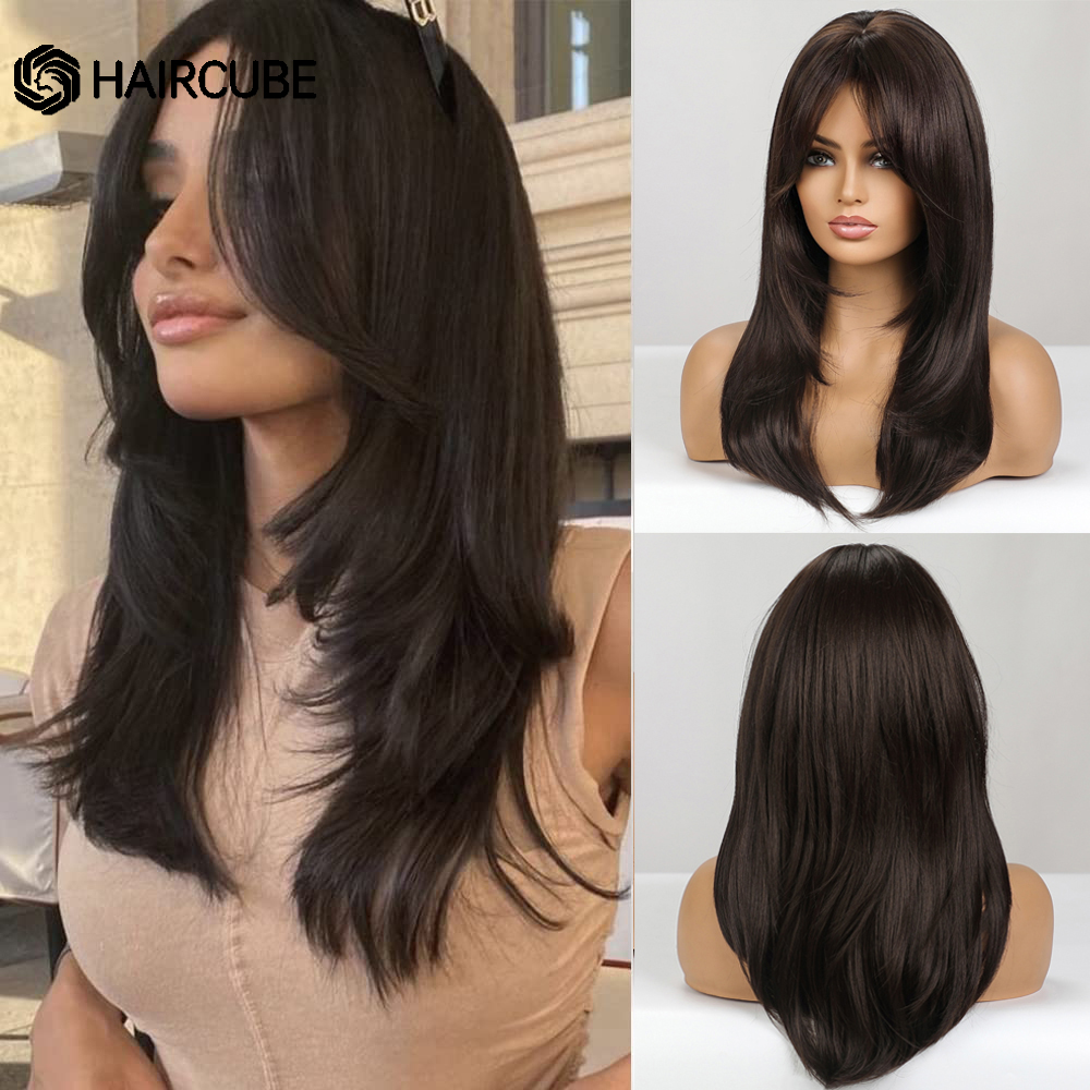 HAIRCUBE Brown Highlight Synthetic Wigs Long Straight Wigs With Bangs for Women Natural Hair Cosplay Heat Resistant Fiber Wigs: P18/613