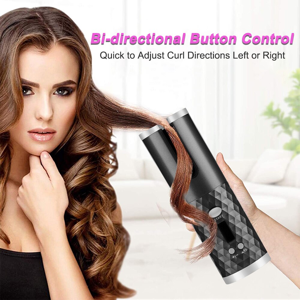 Cordless Automatic Hair Curler USB Rechargeable Curling Iron Curls Waves LCD Display Ceramic Curly Rotating Curling Wave Styer