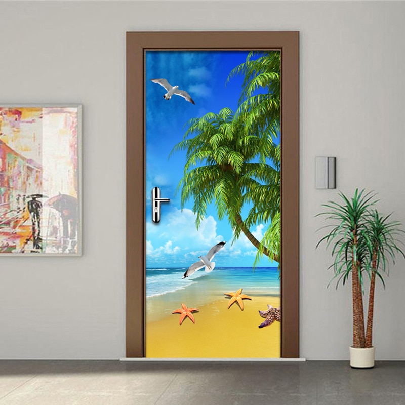 PVC Self-Adhesive Waterproof Door Sticker Seaside Beach Landscape Wallpaper 3D Wall Mural Home Decor Door Decals Vinyl Stickers
