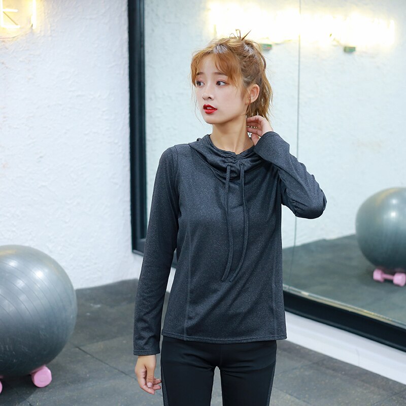Dame langærmet sportstrøje slim fit ensfarvet løbesweatshirt hættetrøje løs fitness yoga t-shirts sportstøj til kvinder gym