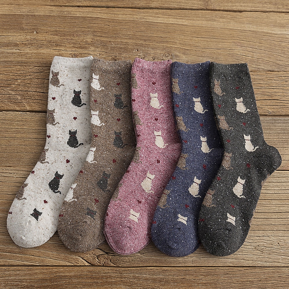 Calcetines con estampado de gato para mujer, medias de lana gruesa y suave con dibujos animados, accesorios de ropa cálidos para Otoño e Invierno