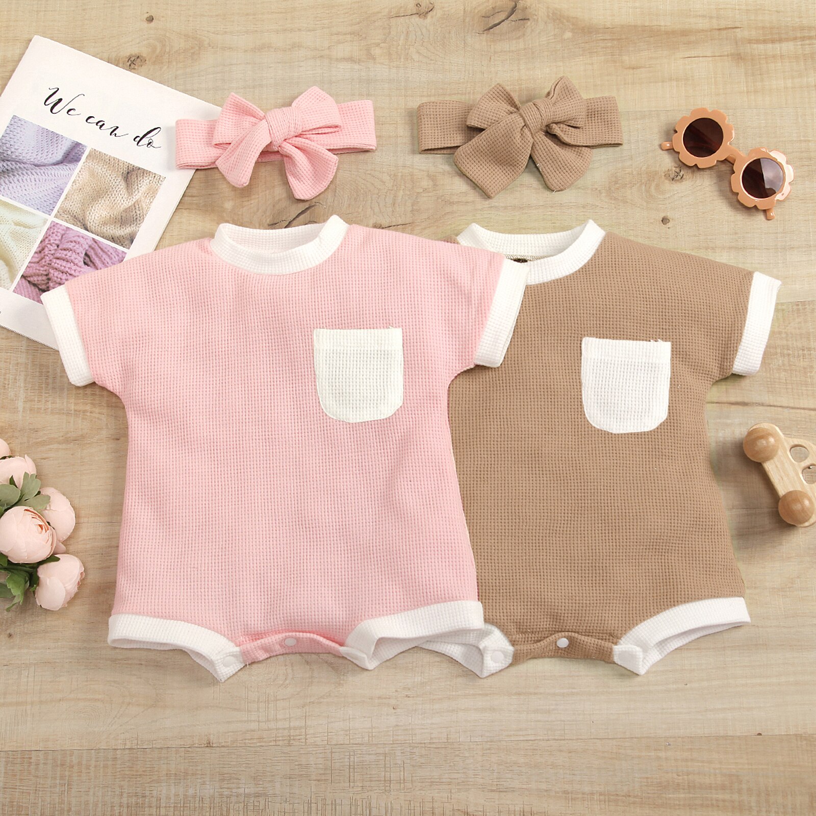 2022 Summer Cute Infant Baby Girls Boys Romper Outfits Patchwork Waffle Short Sleeve Jumpsuit Playsuit+Bowknot Headband Set