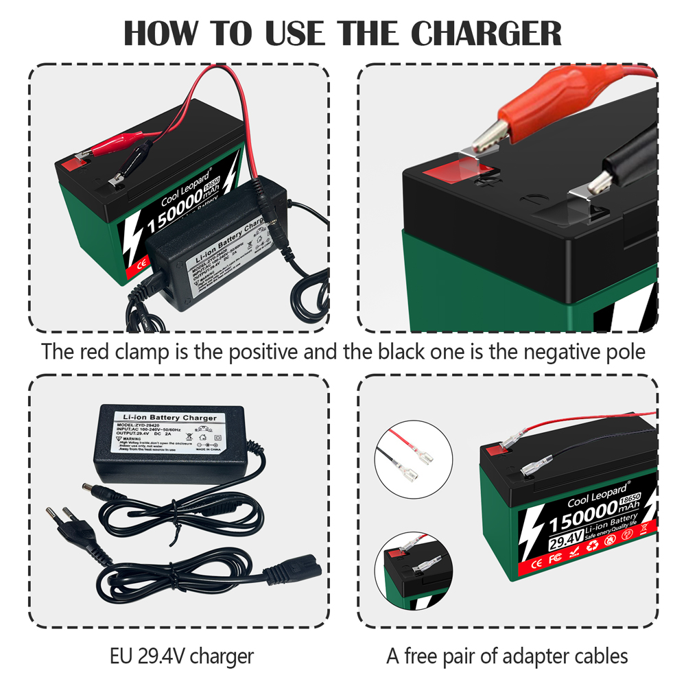 24v batterier 150ah 18650 litiumbatteripaket uppladdningsbart batteri för solenergi elfordonsbatteri +29.4v 2a laddare