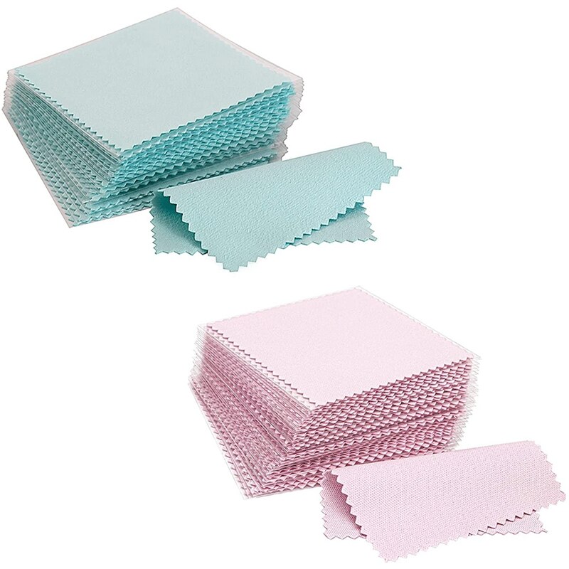 200Pcs Jewelry Cleaning Cloth,Silver Polishing Cloth Individually Wrapped,Small Jewelry Polishing Cloth: Sea Blue   Pink