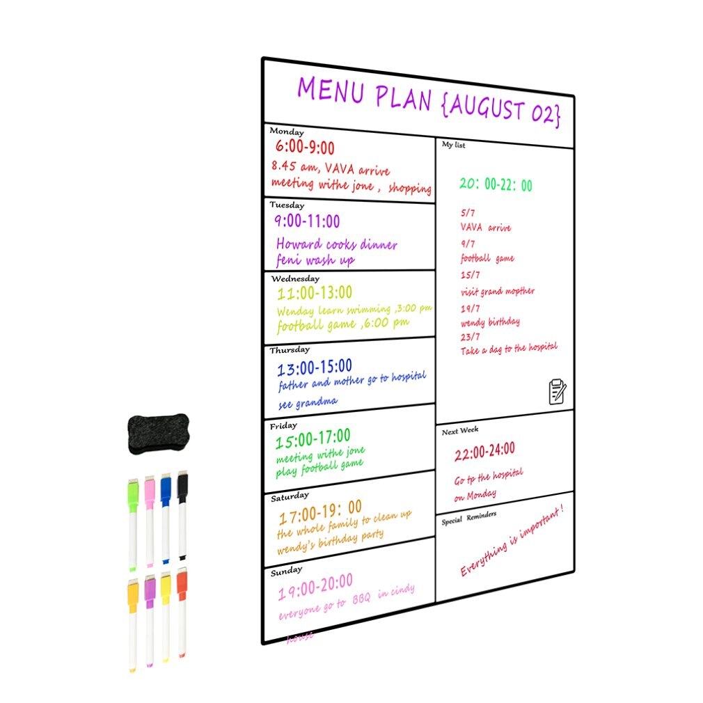 A3 skema  + 8- farve pen + viskelæder + emballage til papirrør, opdater blot din whiteboard-planlægger som et måltidsplanlægningsværktøj 1 sæt: 12