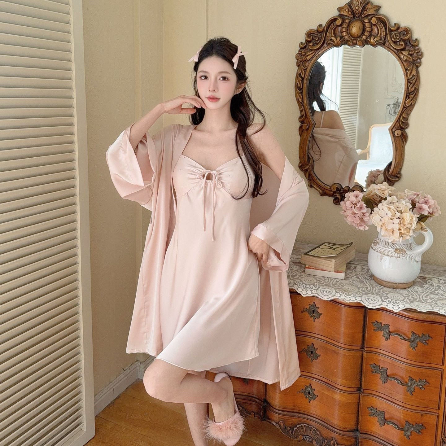 Twinset morgenkåpe dame sateng nattkjole kimono badekåpe kjolesett sommer sexy loungewear v-hals nattøy: L / Himmelblå