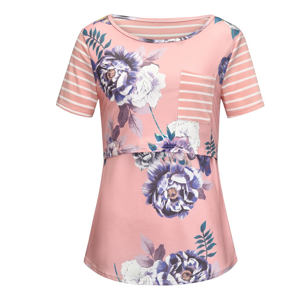 Vrouwen zwanger borstvoeding zwangerschap korte mouwen gestreepte print bloemen blouse tops zwangerschap shirts ropa embarazada: M