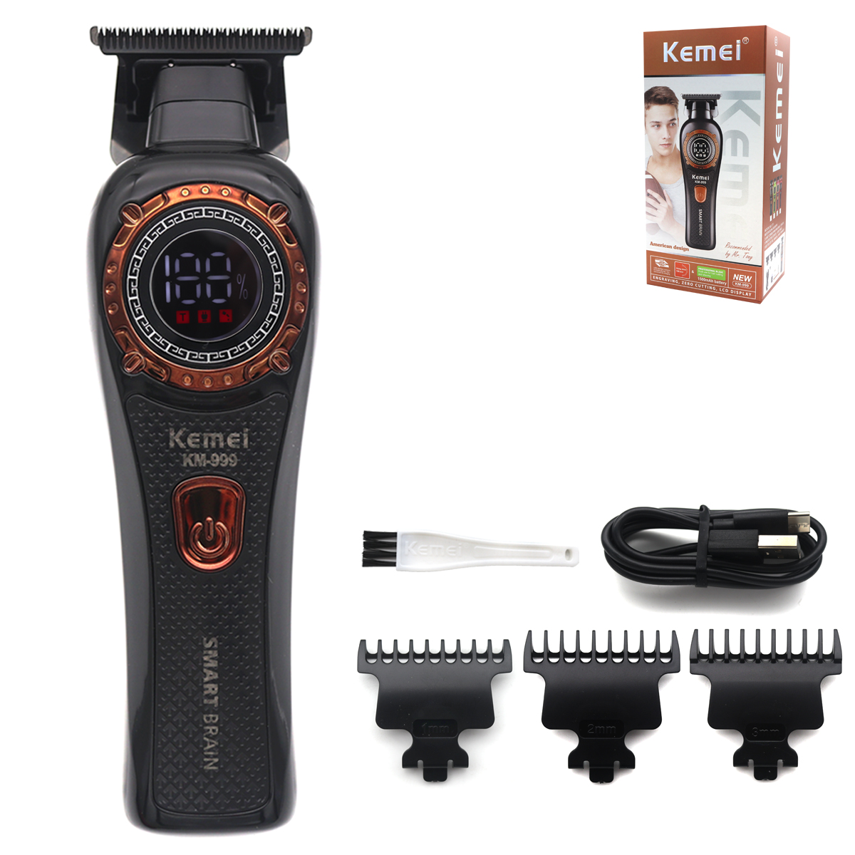 Kemei KM-999 Hair Trimmer for Men DLC T-Blade Zero Gapped LED Display Cordless USB Hair Clipper Finishing Machine: Gold