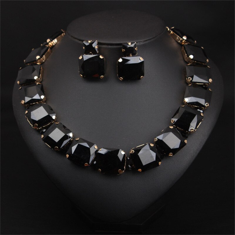 Bohemian Geometrische Red Crystal Bridal Wedding Sieraden Sets Voor Vrouwen Statement Rhinestone Goud Kleur Sleutelbeen Luxe Sieraden: Black