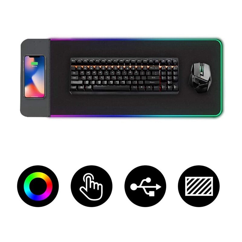 QI Wireless Charging Mouse Pad 10W 2 in 1, Extended Soft LED Gaming Keyboard Mat, Large Mousepad Non Slip Rubber Base, for All Q