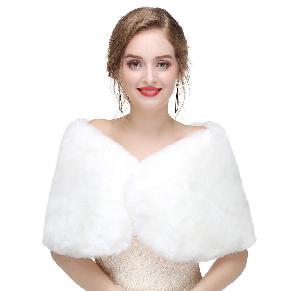 JaneVini Bridal Fur Warp Faux Fur Wedding Shawl Winter Warm Cloak Short Cape for Bride Evening Dress Bolero Mariee