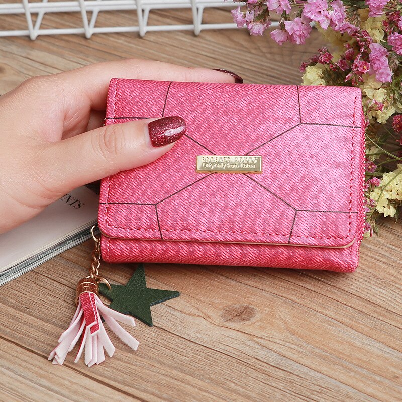 Women's short wallet PU leather female plaid wallet tassel card holder wallet woman small zipper wallet coin purse: Rose Red
