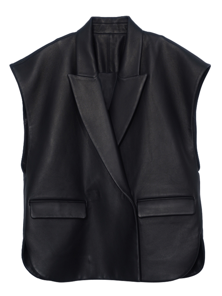 Lautaro-dames licht zacht kunstleer vest, revers, , luxe, ontwerper, mouwloos jasje, lente, herfstmode, zwart