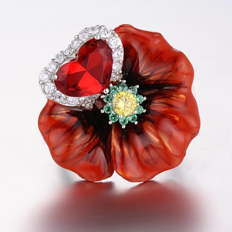 Women Bohemia Red Flower Enamel Jewelry Set Heart Shape Romantic Silver Pendant Necklace Ring Earrings Sets Wedding Jewelry