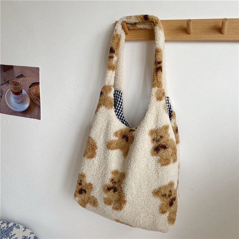 Vrouwen Kawaii Lam Stof Schoudertas Handtas Tote Grote Capaciteit Borduurwerk Shopper Tassen Leuke Tas Voor Meisjes Nieuw: Beige-B