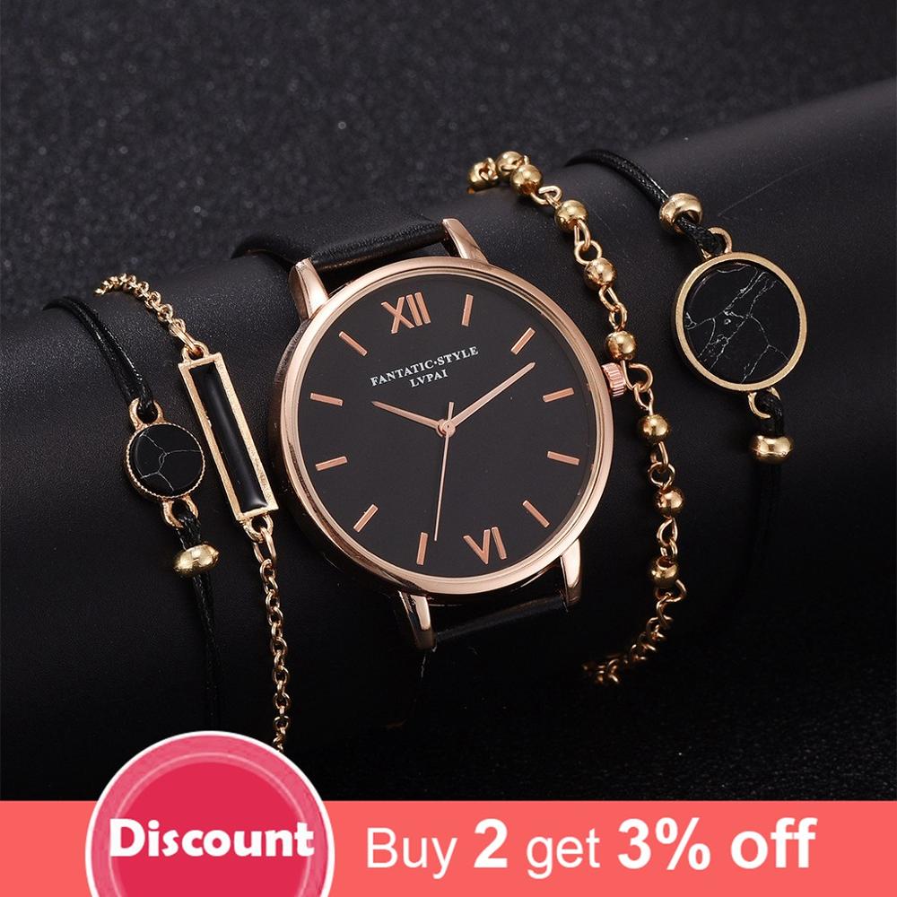 Fasihon Bracelet Watches Women Watches 4 Bracelet Set with Simple Casual Lady Quartz Wristwatch
