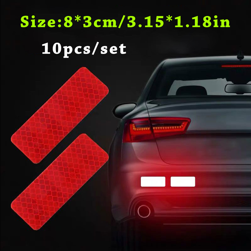 10 unids/set de pegatinas de tira de seguridad reflectantes para parachoques de coche, pegatina reflectante para coche, cinta de seguridad de advertencia reflectante: Rojo