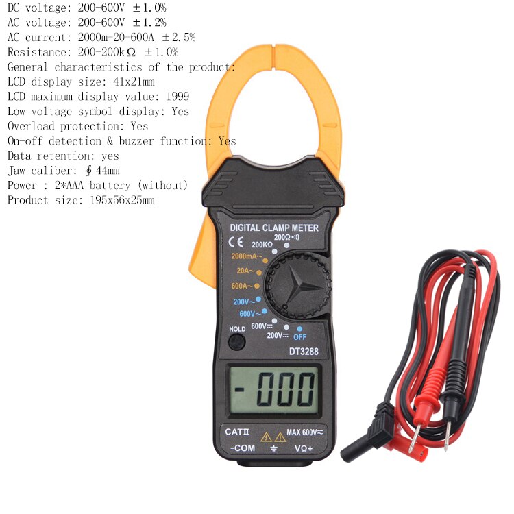 Handhållen digital ampere klämmätare strömmätare strömklämma tång voltmeter amperemätare multimeter precision mätningstestare: G119779