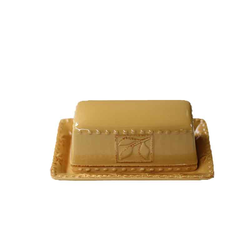 Quail 8 Inch Retro Ceramic Butter Dish Box Container,Candy/cake Box/tray with Lid,Deep Yellow
