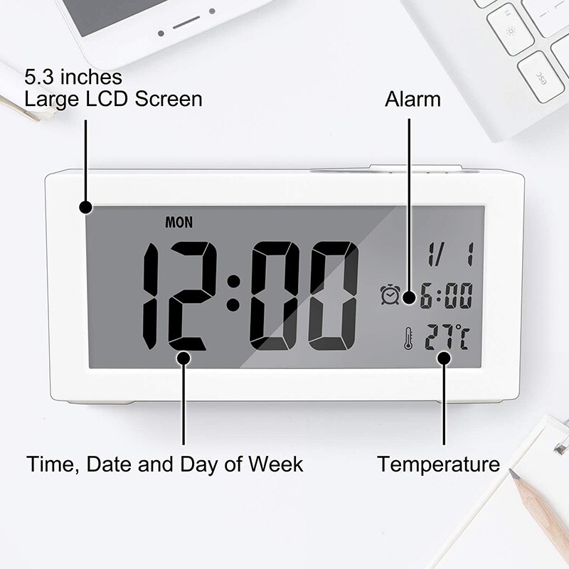 Digital Alarm Clock for Bedroom with LCD Large Sn, Auto Brightness, 12/24 Hour, Snooze, Date and Temperature Display