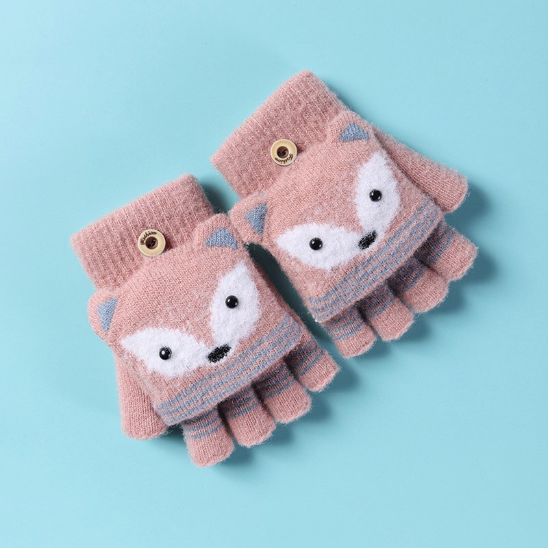 Leuke Cartoon Vos Kinderen Handschoenen Zachte Warme Gebreide Halve Vinger Jongens Meisjes Handschoenen Winter Outdoor Vijf Vingers Baby Handschoenen wanten: Pink