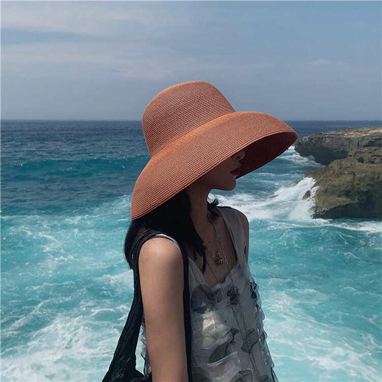 Hepburn Style Summer Japanese Straw Hat Sunken Bell-shaped Big Eaves Beach Hat Vintage Fold Fisherman Cap Atmosphere