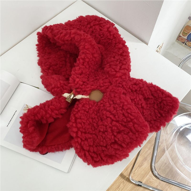 Gorro con capucha de pelo de cordero Artificial para hombre y mujer, gorro grueso con cordón para la cabeza, ajustable, de Color sólido, para invierno: Horn buckle red
