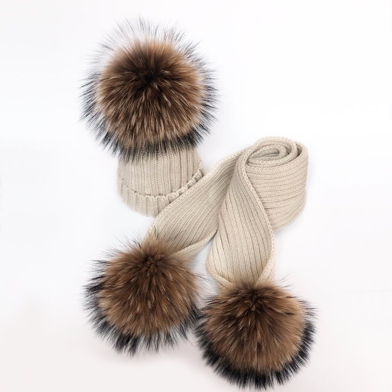 Ouder-kind Winter hoeden Schattige Baby bont Pompon Hoed Sjaal Sets Echte Natuurlijke Haarbal Caps Moeder Kinderen Warme Gebreide Hoeden Winter Bea: S / MULTI