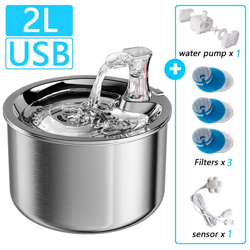 Kat Fontein Rvs Kat Drinker Sensor Automatische Circulerende Huisdier Drankje Water Dispenser Met Filters Katten Fontein: 2L-X3Filter-Sensor
