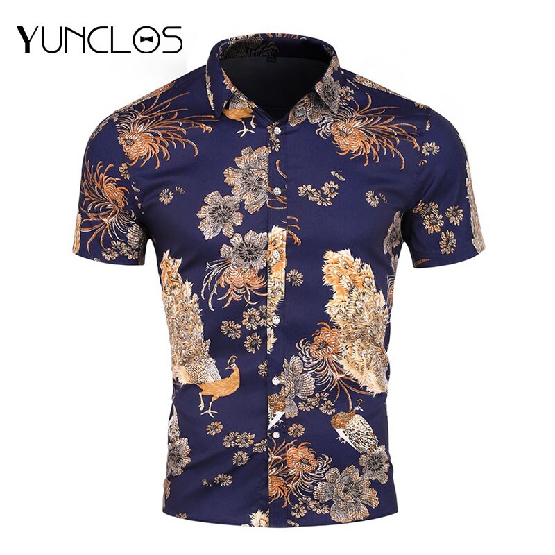YUNCLOS Summer Men Shirt Peacock Print Casual Shir... Vicedeal