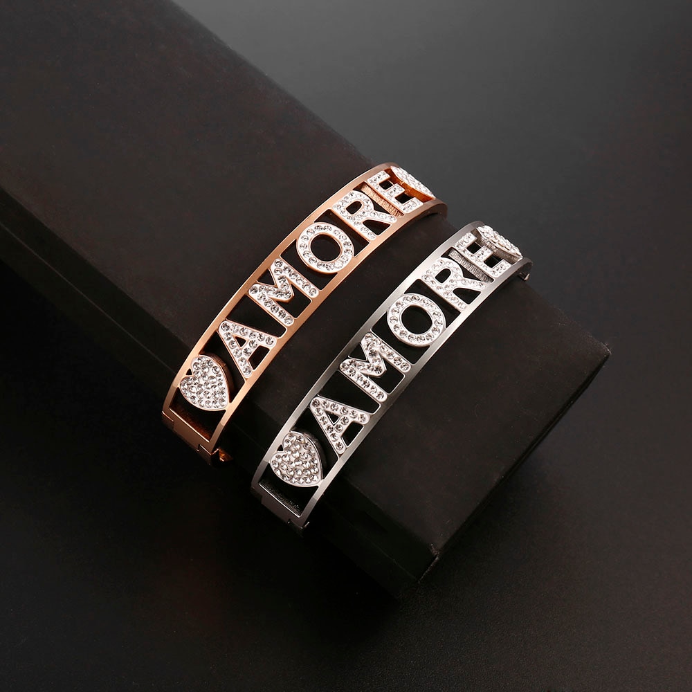 Bijoux en acier inoxydable pour femmes, bracelet large, cristal blanc, lettres cœur, manchette romaine épaisse, , nouveauté