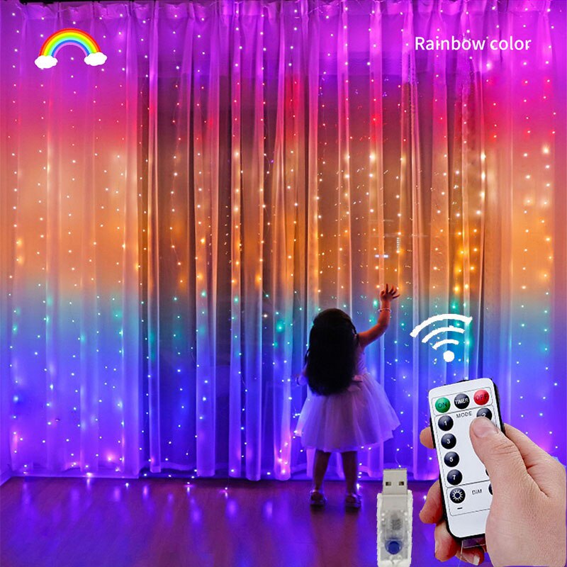 3X2M Rainbow Curtain Lights LED String Garland Fairy Icicle Decorative Lights for Christmas Party Bedroom Wall Wedding Decor: Rainbow / 3X3M